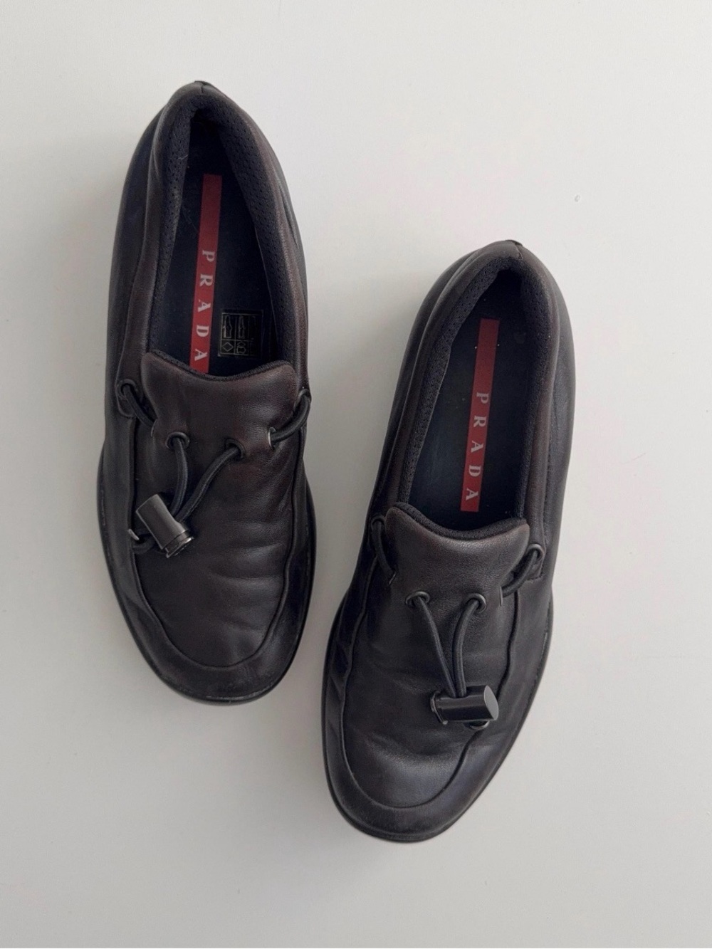 Vintage 00s Prada Red Tab Dark Brown Leather Toggle Sporty Slip-On Loafers